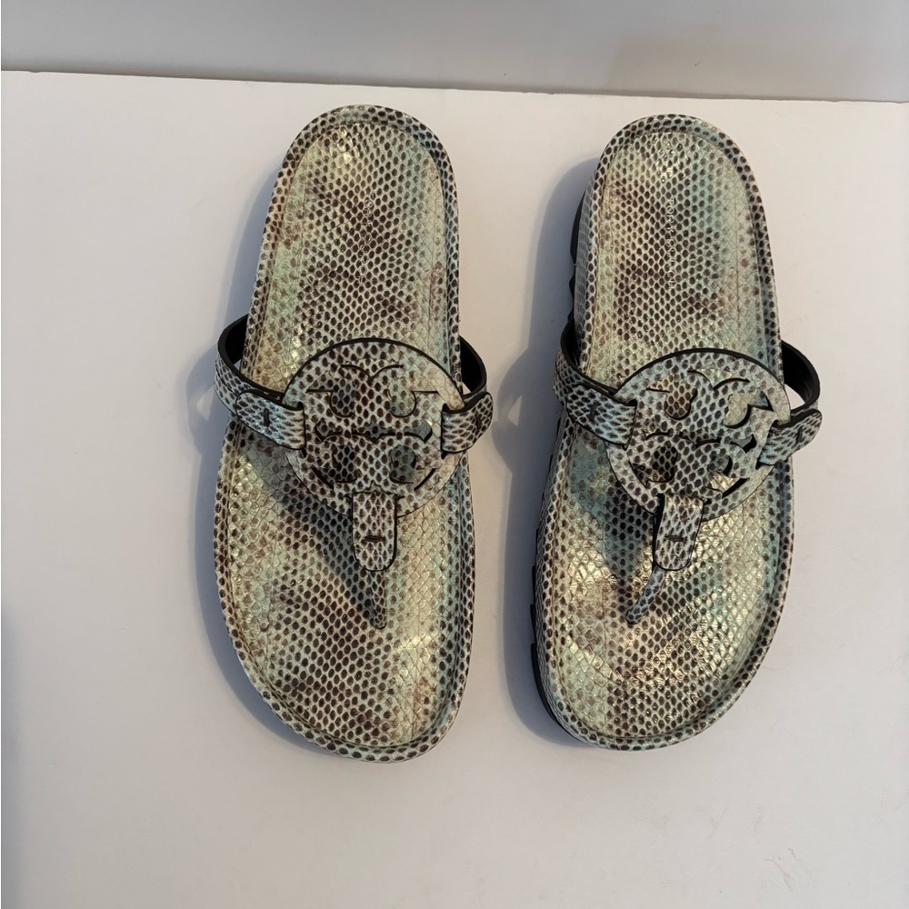 Tory Burch Snakeskin Slide Sandals - Black, Cream, and Green